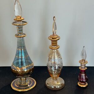 3 Vintage Egyptian Perfume Bottles Gold Accents. circa 1930 Antique hand painted